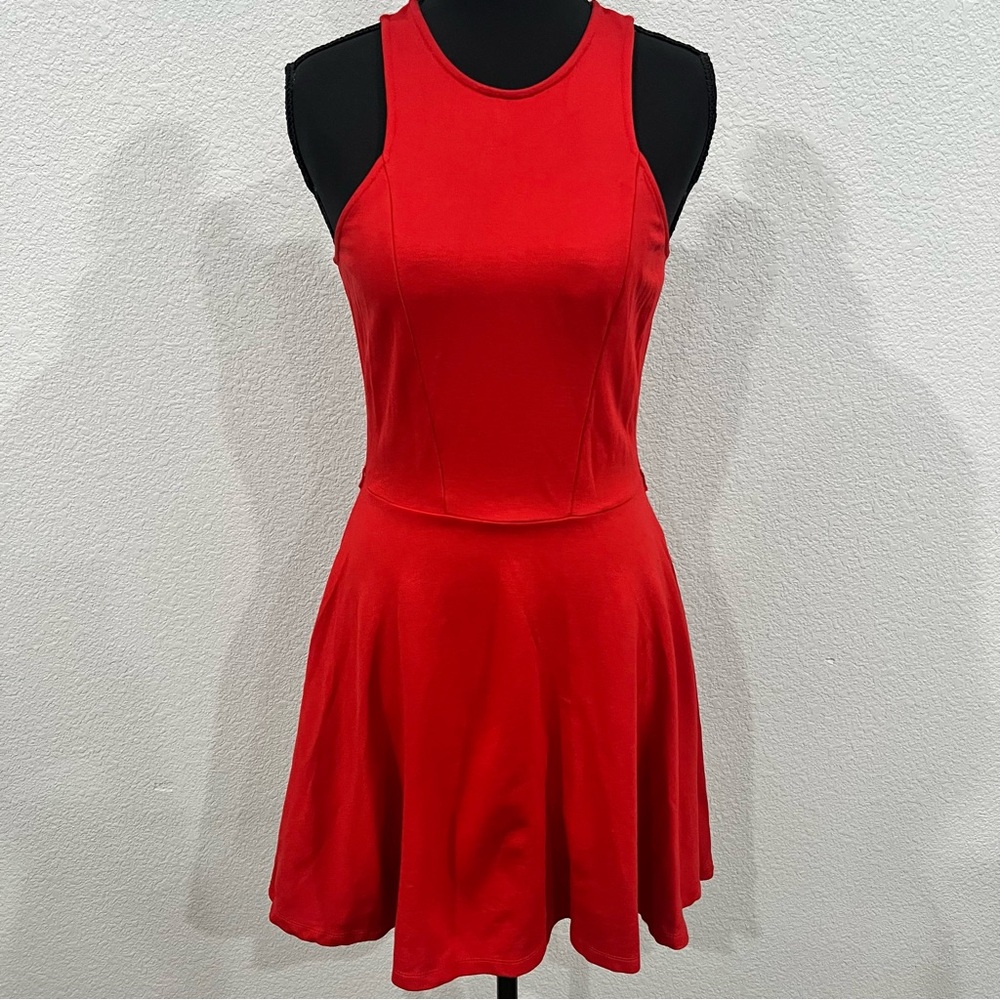Bebe Women's Red Halter Mini Dress Back Zipper Detail Flair Skirt Size S
